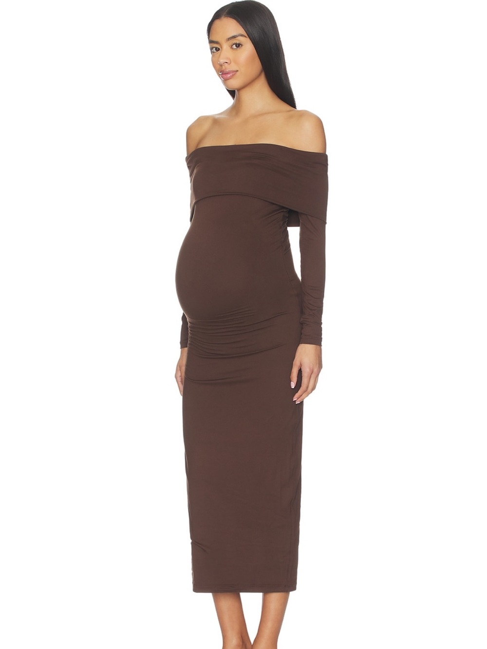 The Alison Off-Shoulder Maternity Midi Dress in Chocolate